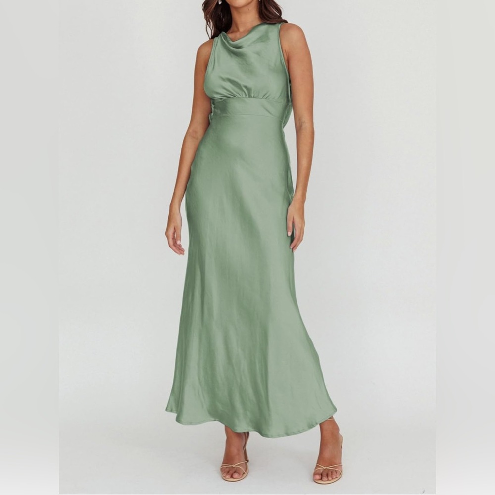 Satin Cowl Neck Elegant Wedding Guest Silk Open Tie Back Formal Cocktail Dress
